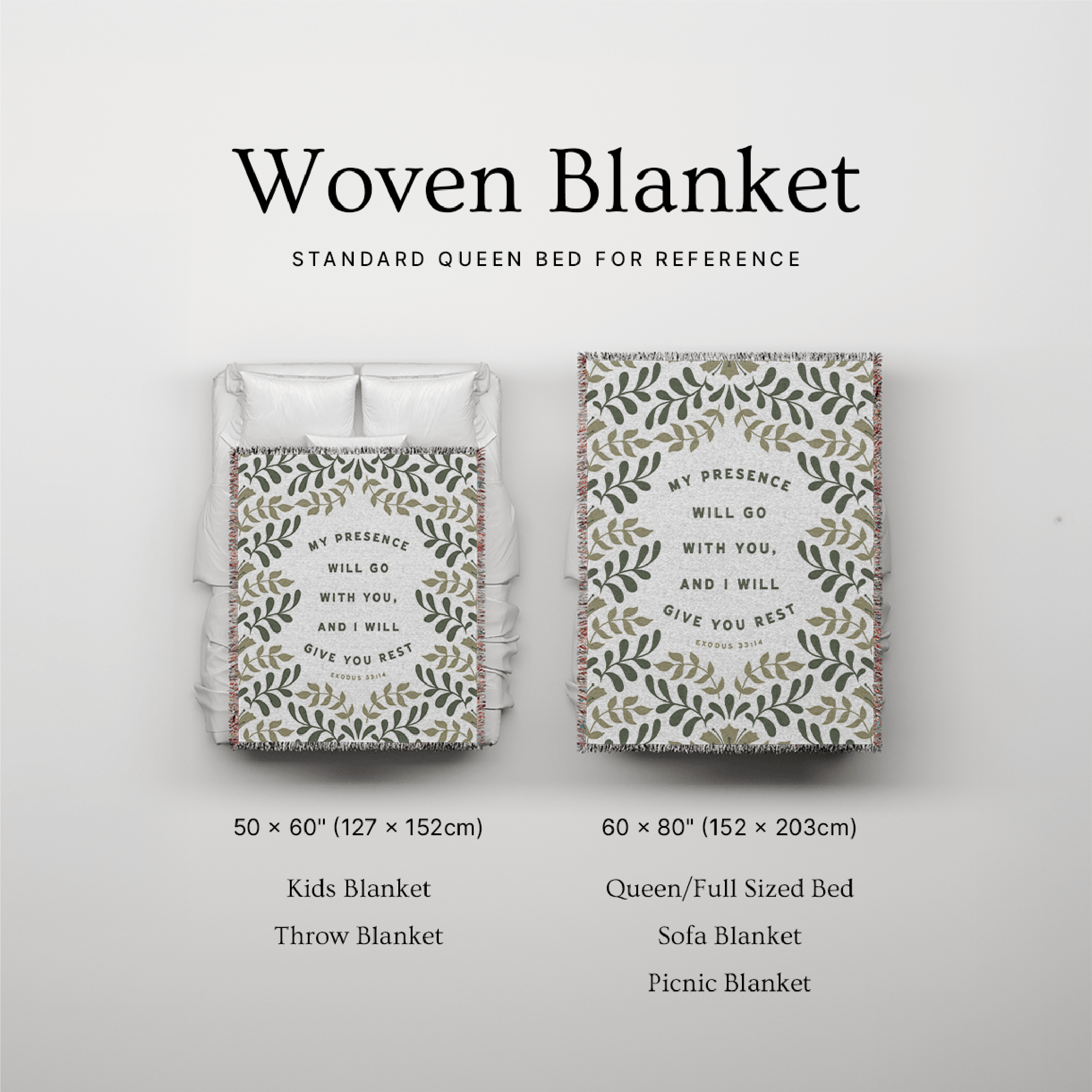Woven blanket with text design on a light gray background
