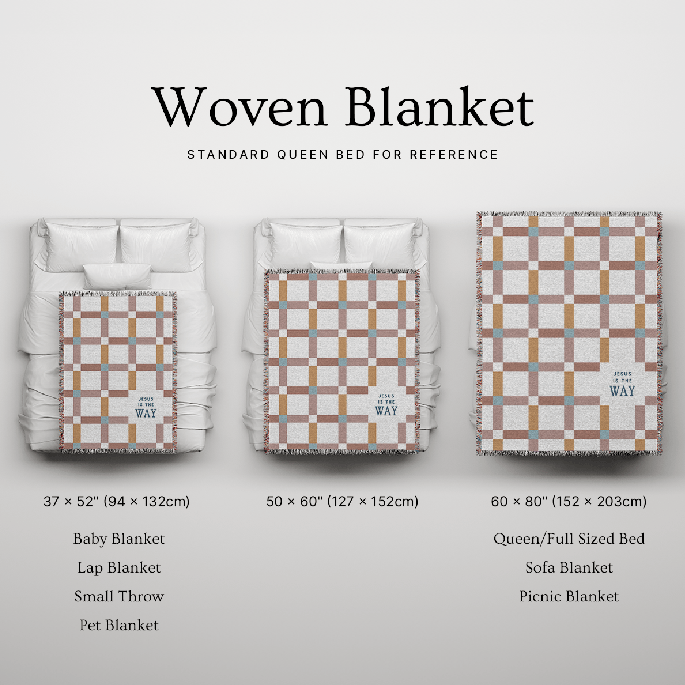 Woven blanket with size chart on a light gray background
