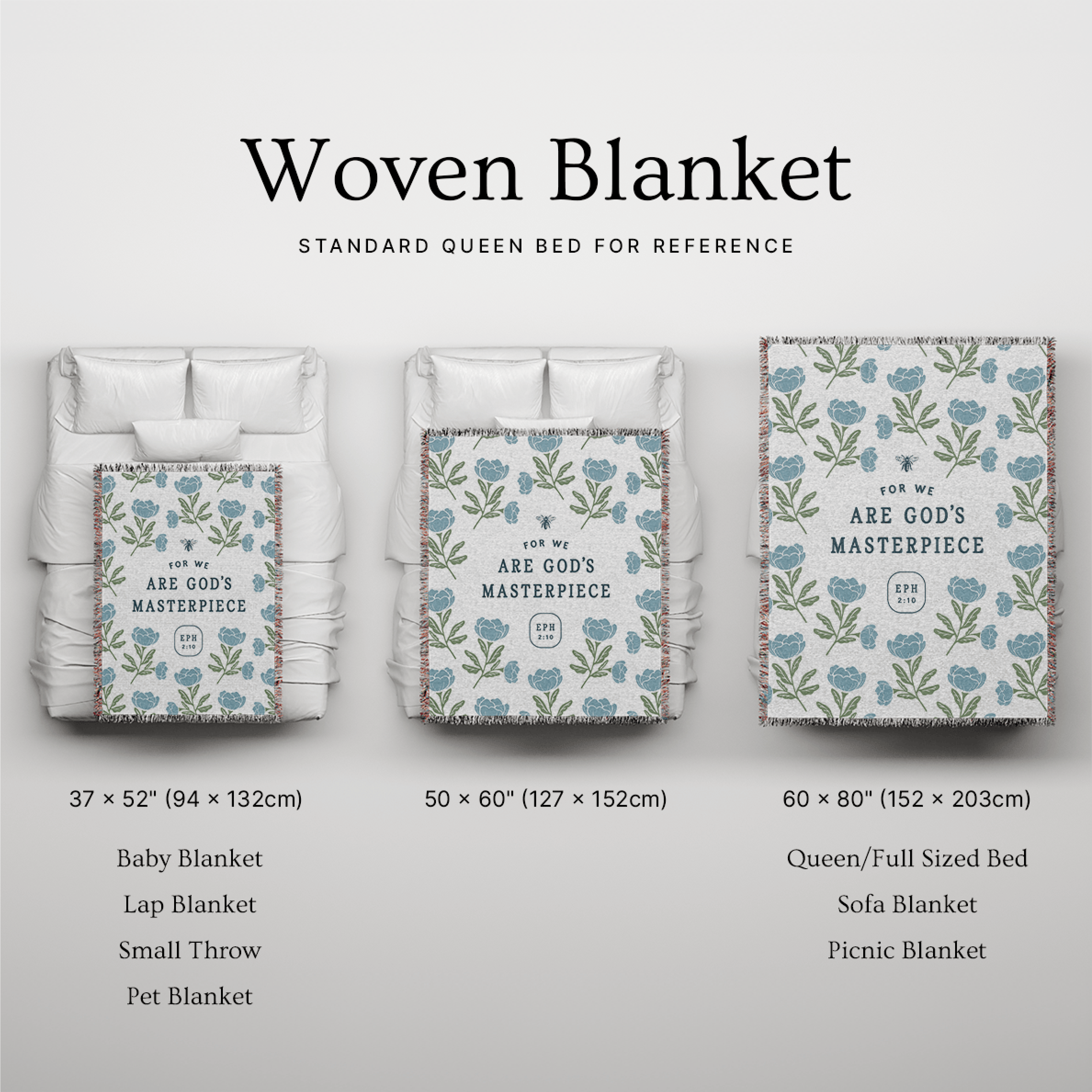 Woven blanket with various sizes displayed on a standard queen bed for reference.