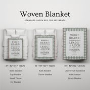 Woven blanket with text on a gray background, showing different sizes.