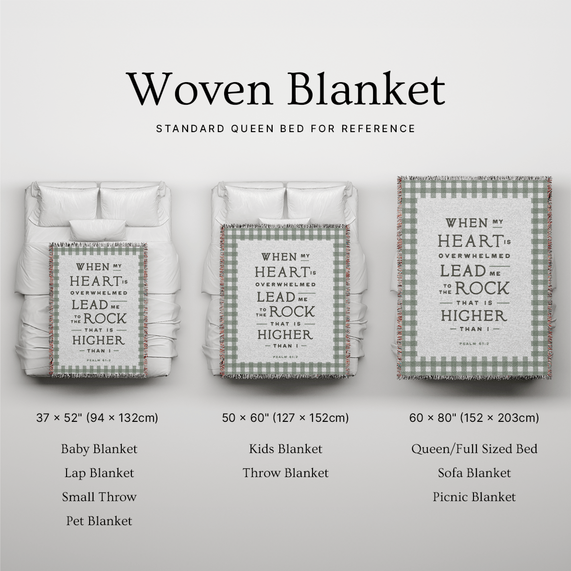 Woven blanket with text on a gray background, showing different sizes.