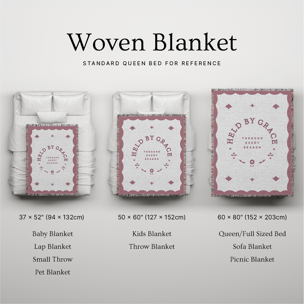 Woven blanket with size chart on a light gray background