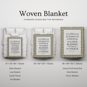 Woven blanket with text and dimensions displayed on a white background