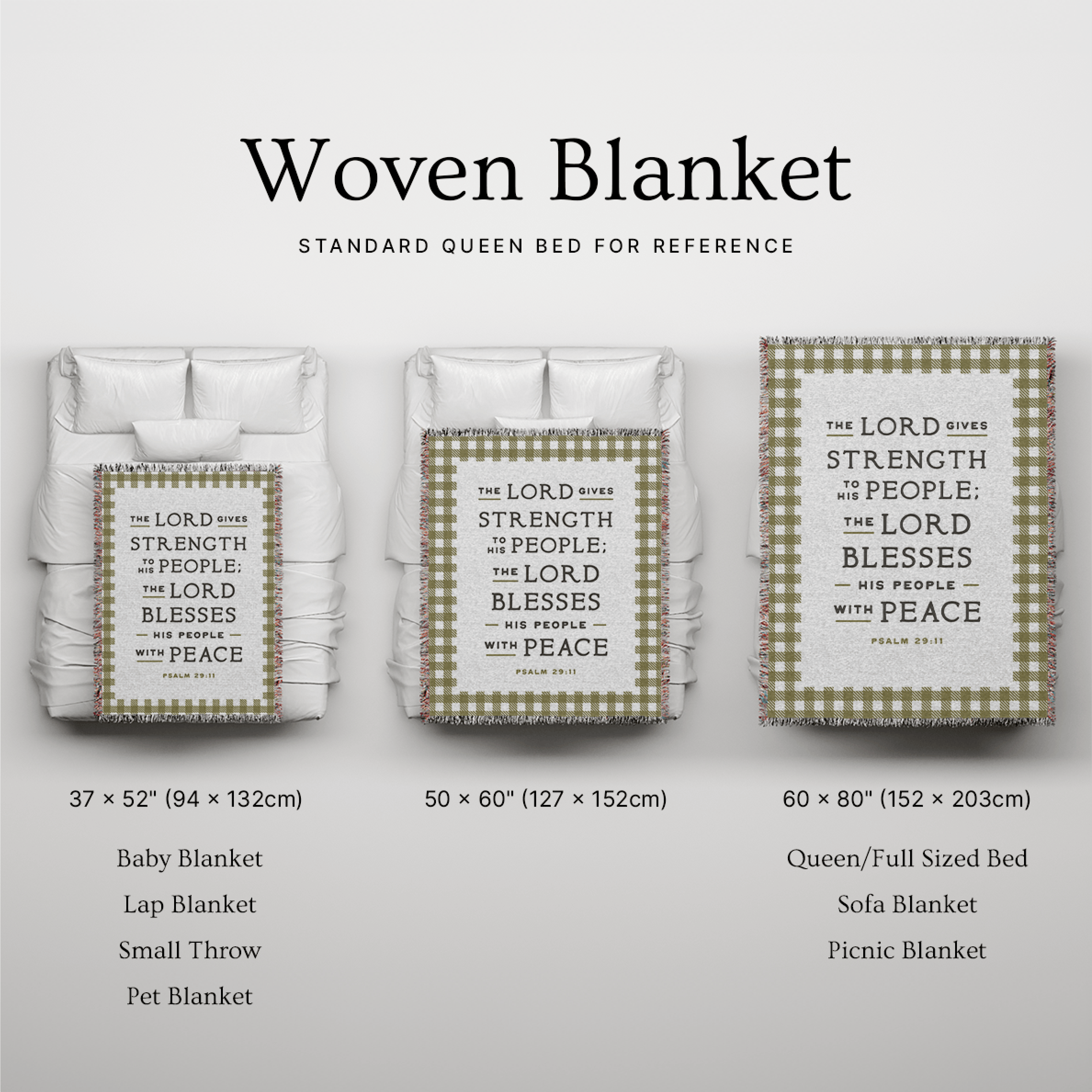Woven blanket with text and dimensions displayed on a white background
