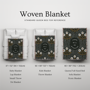 Woven blanket with different sizes displayed on a bed for reference.