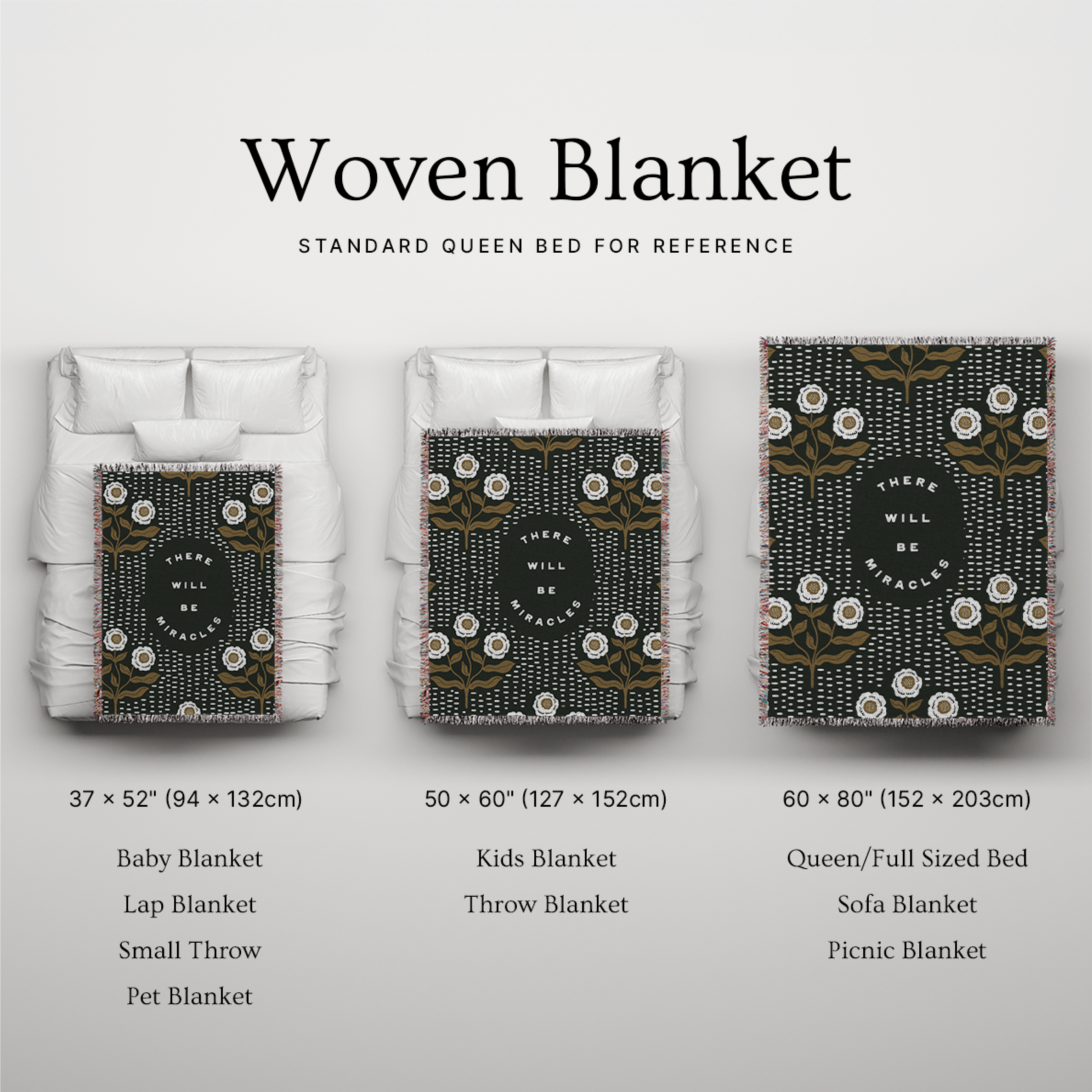 Woven blanket with different sizes displayed on a bed for reference.
