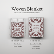 Woven blanket with floral pattern and text, shown in two sizes on a light gray background.