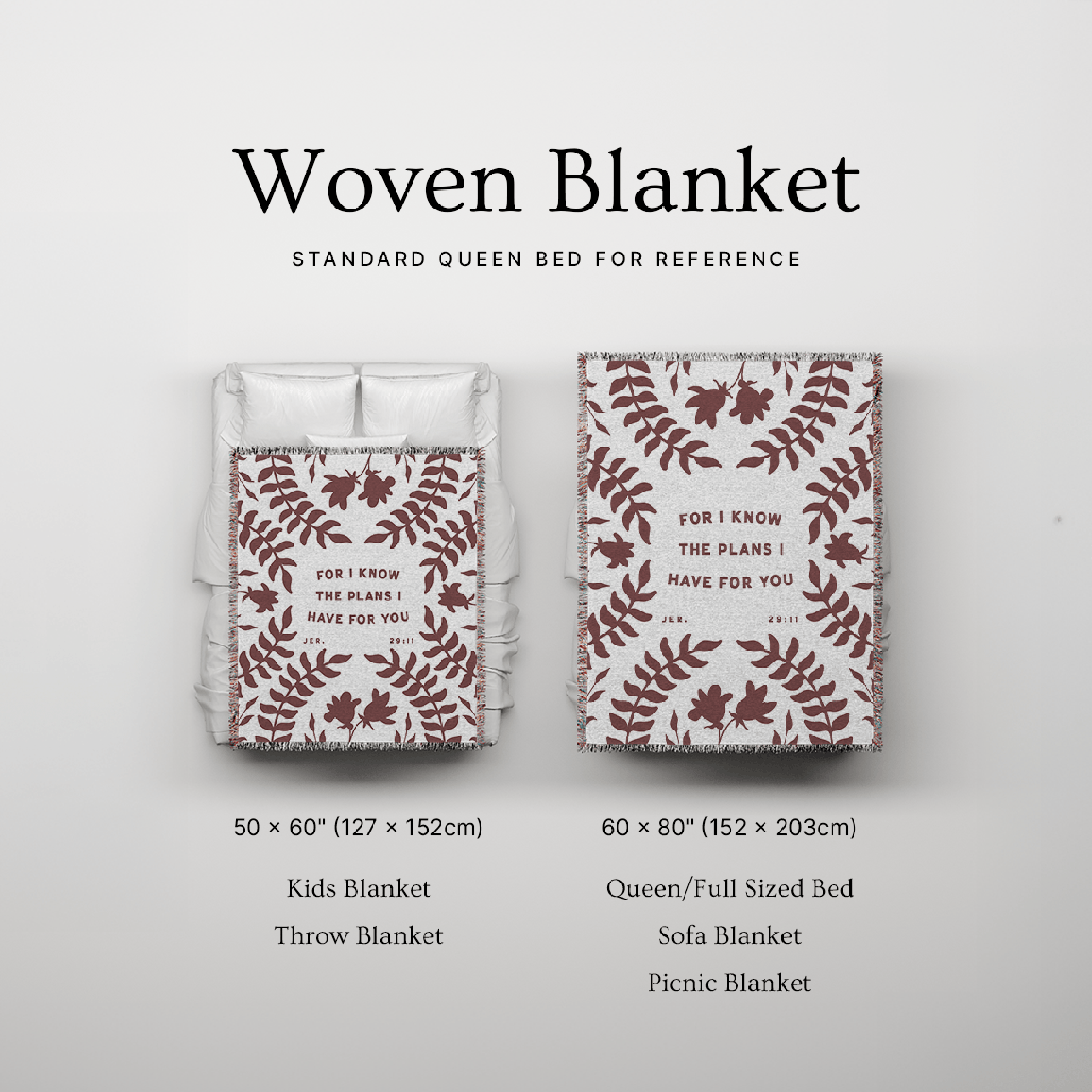 Woven blanket with floral pattern and text, shown in two sizes on a light gray background.