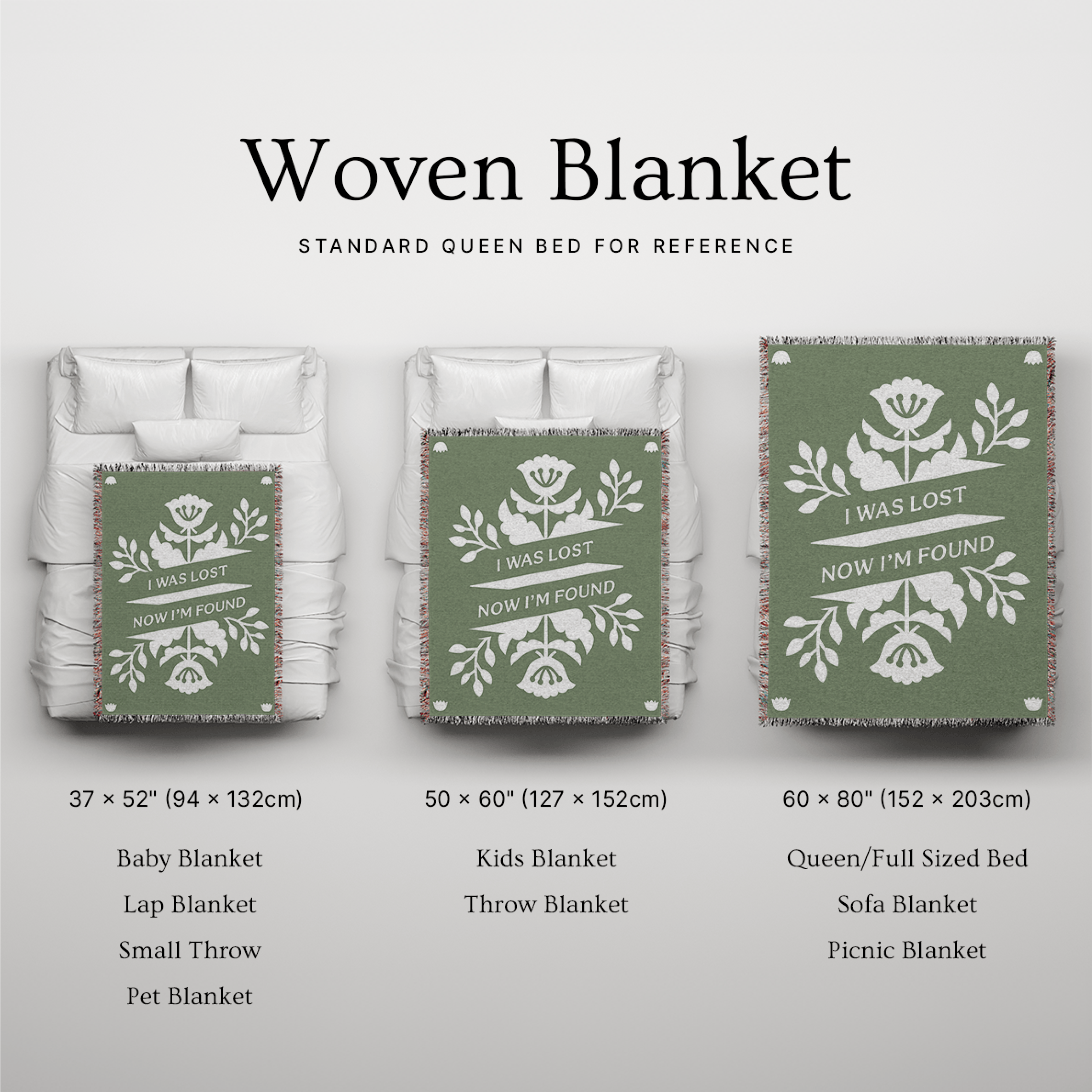 Woven blanket with patterns and text on a white background