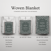 Woven blanket with size chart on a light gray background