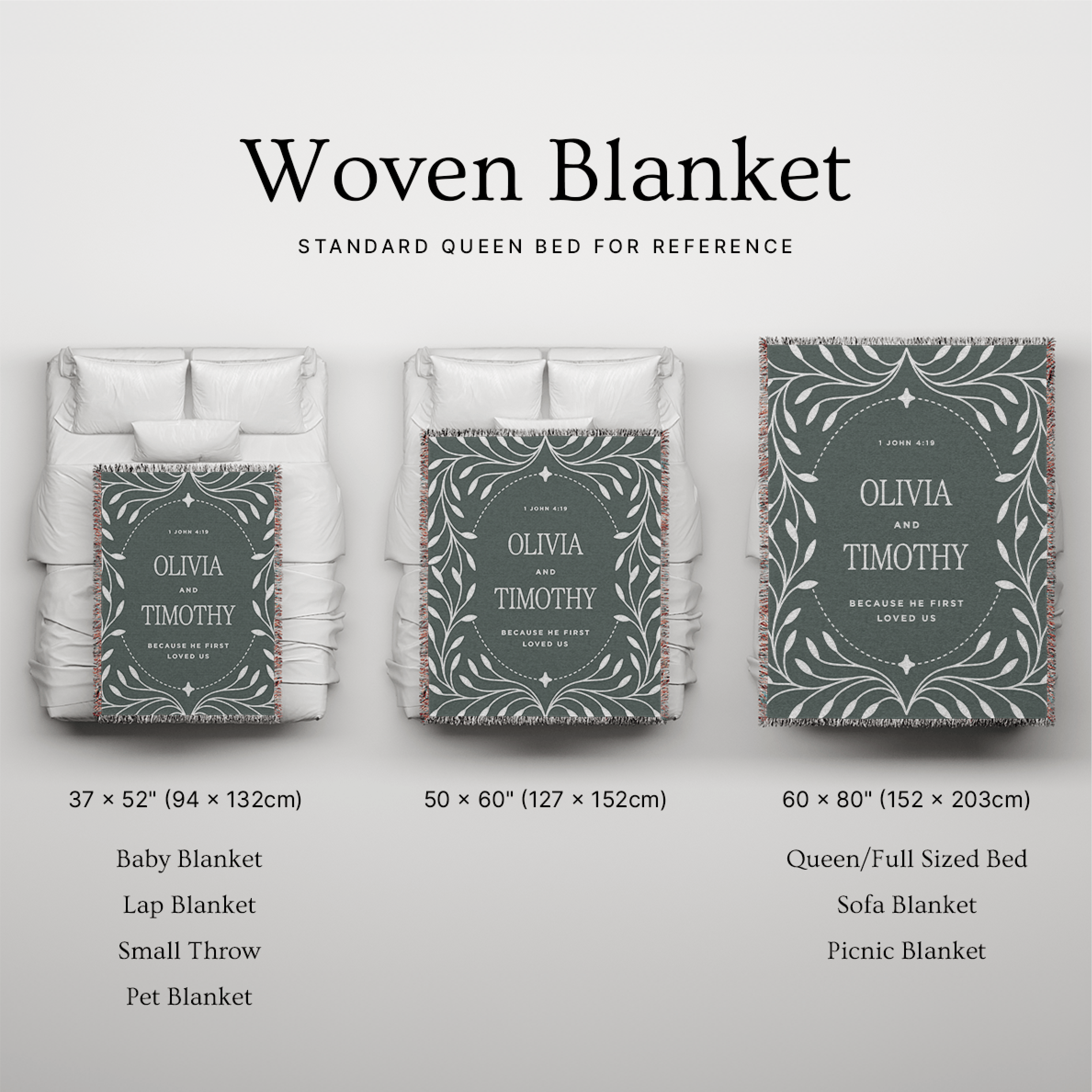 Woven blanket with size chart on a light gray background