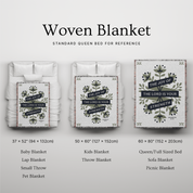 Woven blanket with text design on a gray background, showing different sizes.