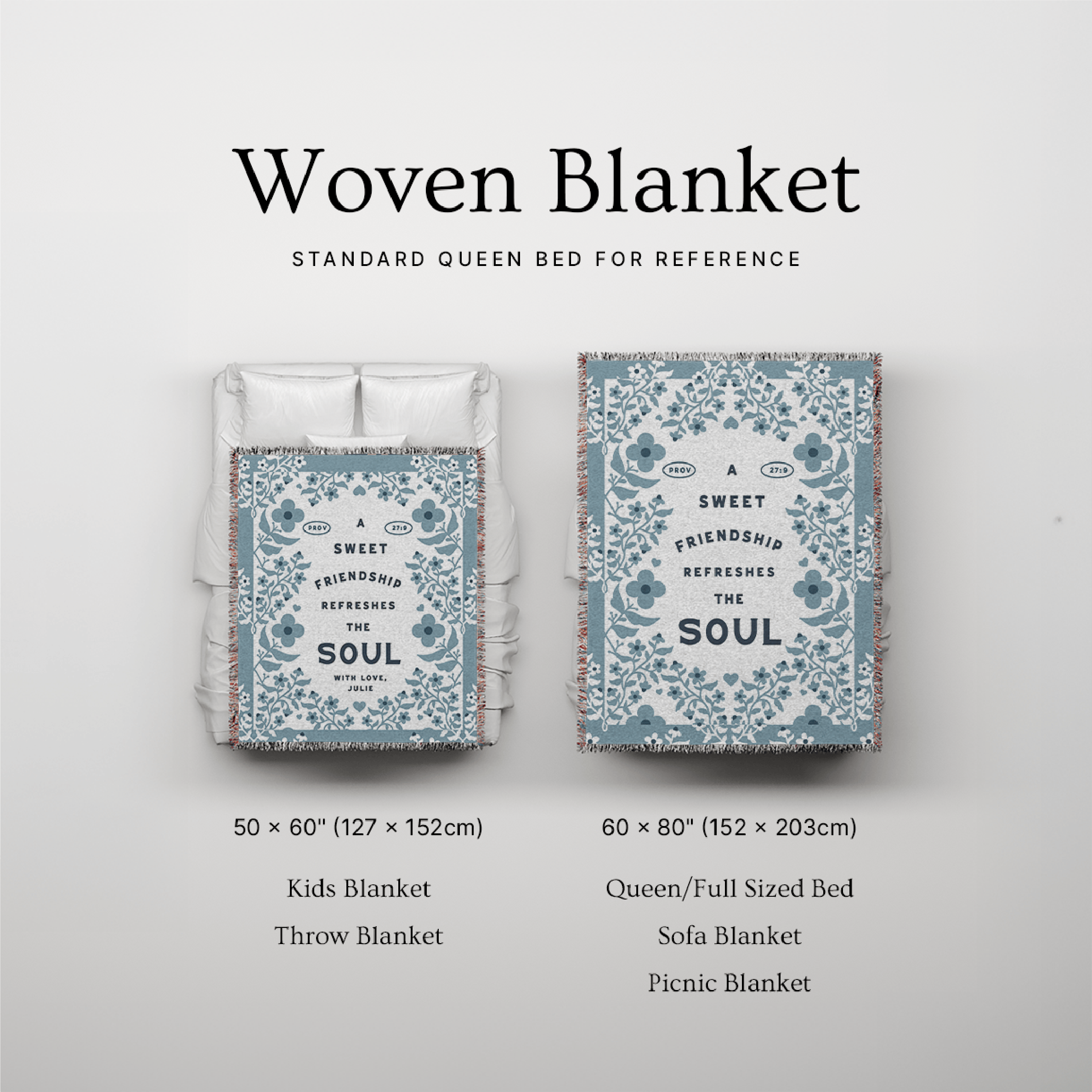 Woven blanket with text design, shown on a bed for reference, on a light gray background.