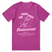 Christian t-shirt with the words “Redeemed. Saved. Restored.” displayed in clean, modern typography—faith-based apparel celebrating identity in Christ.