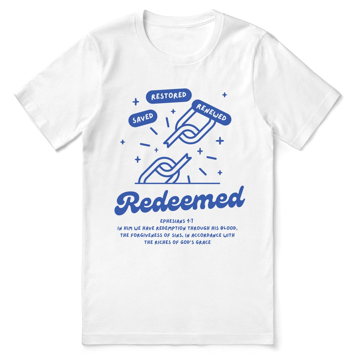 Christian t-shirt with the words “Redeemed. Saved. Restored.” displayed in clean, modern typography—faith-based apparel celebrating identity in Christ.