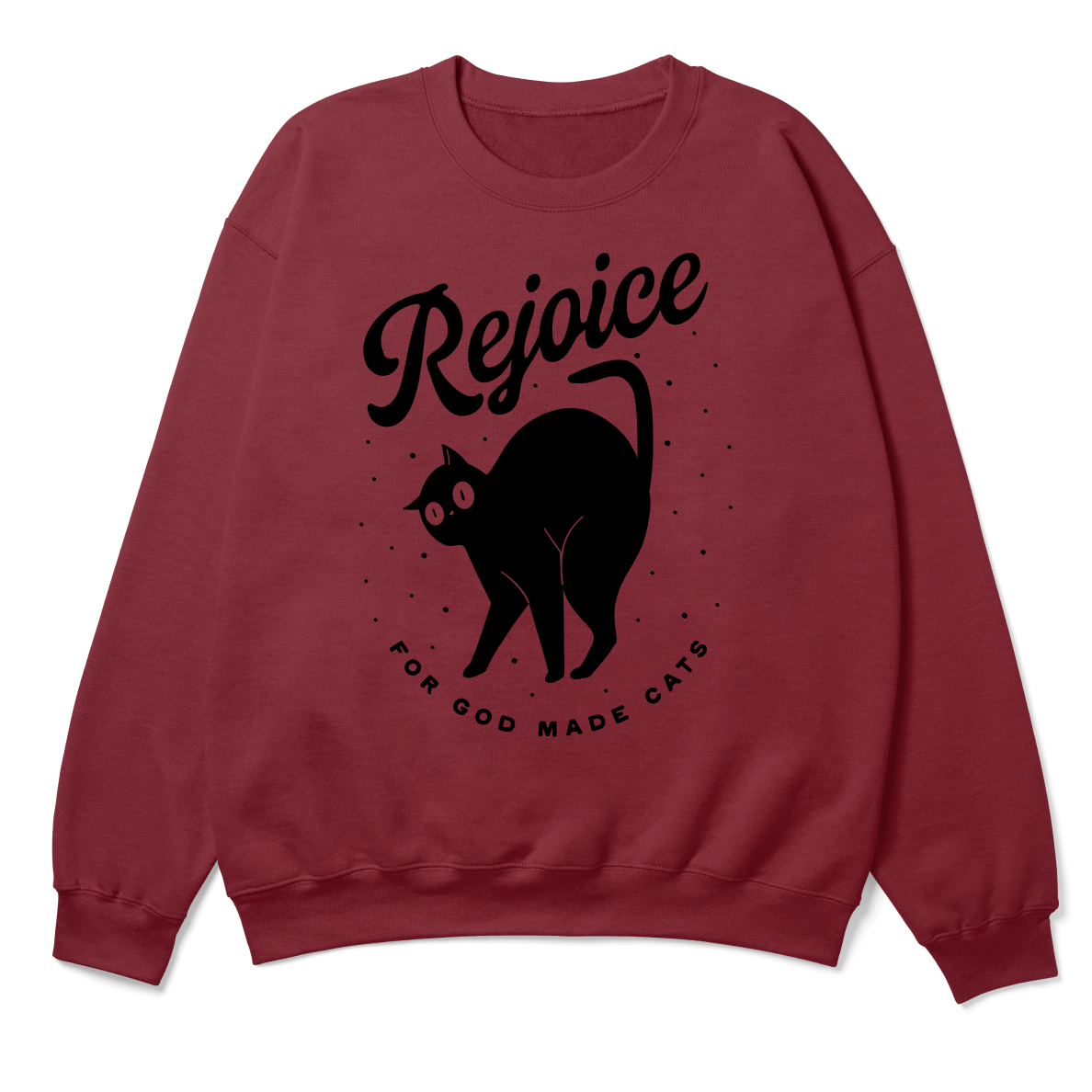 Red sweatshirt with black cat graphic and 'Rejoice' text on a white background