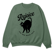 Green sweatshirt with black cat graphic and 'Rejoice for God made cats' text on a white background