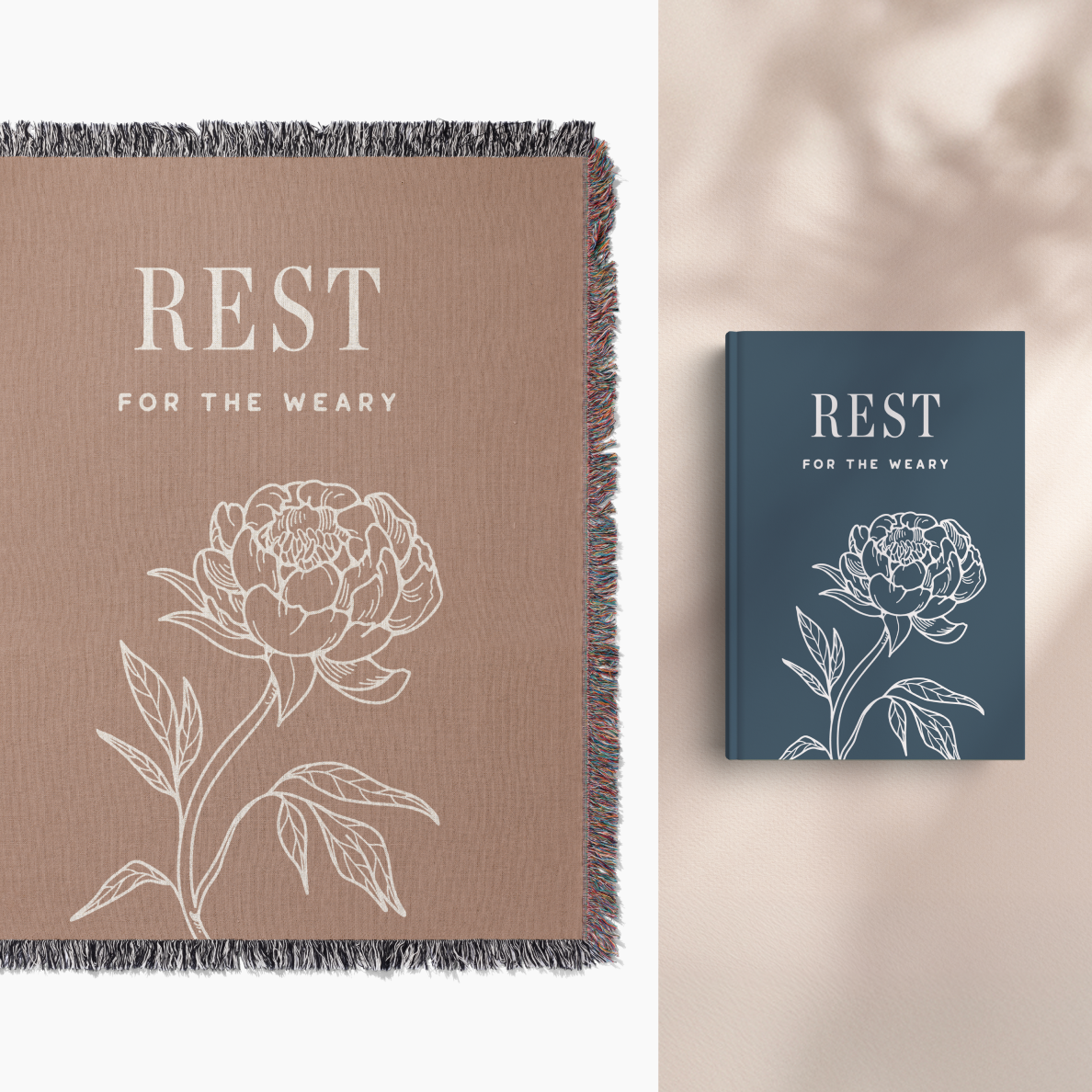 Brown blanket with floral design and text 'REST FOR THE WEARY' next to a blue book with the same design.