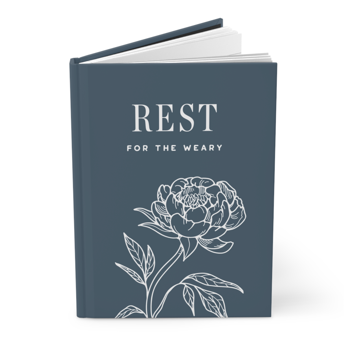 Book with 'REST FOR THE WEARY' text and floral design on a white background