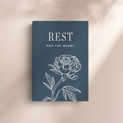 Book cover with floral design and 'REST FOR THE WEARY' text on a beige background