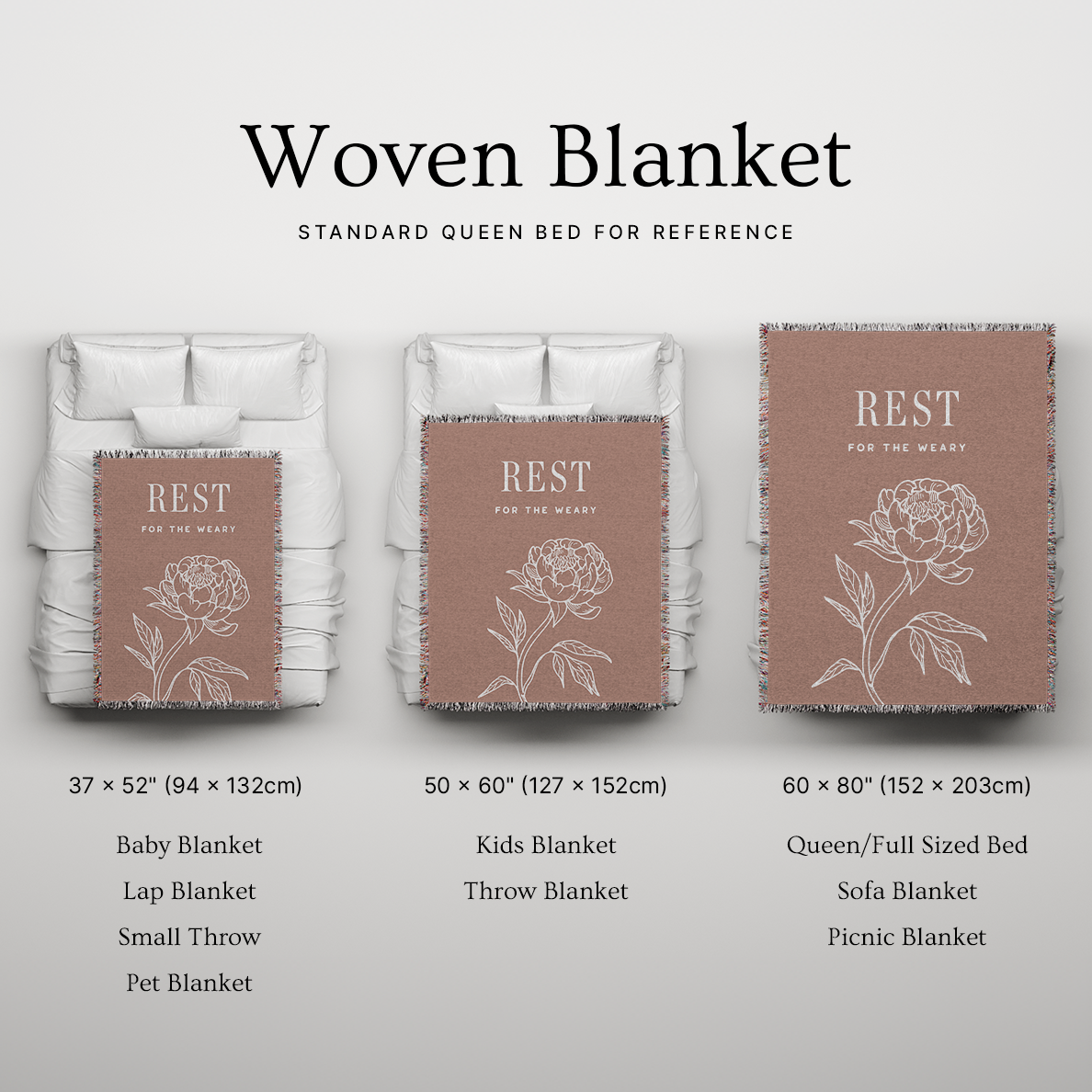 Woven blanket with 'REST FOR THE WEARY' text and floral design, shown on a bed for reference.