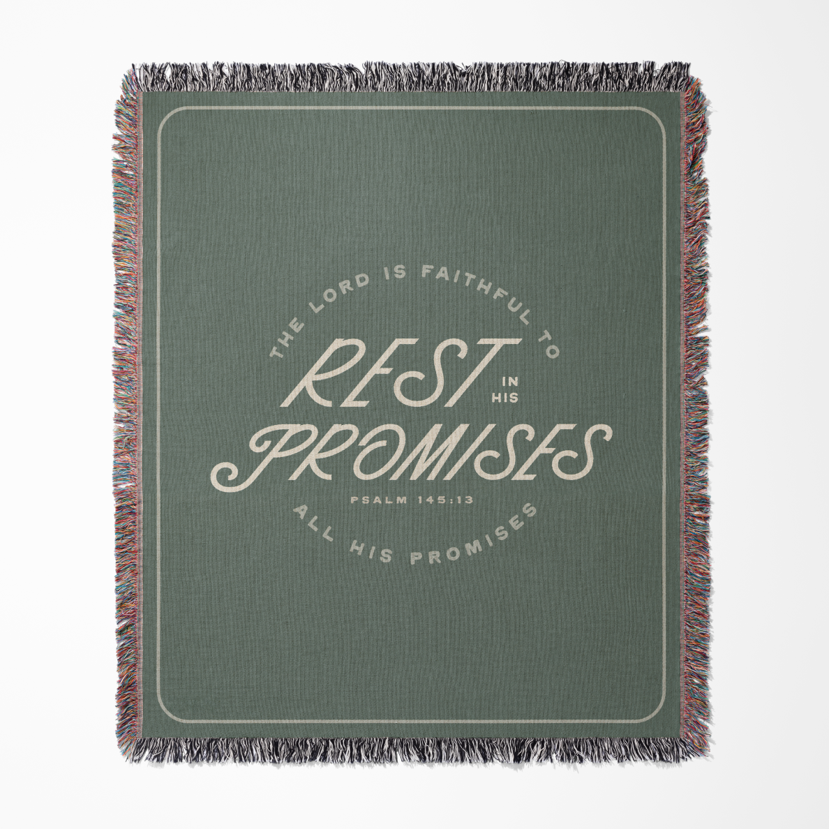 Green blanket with text 'Rest in His Promises' on a white background