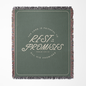 Green blanket with text 'Rest in His Promises' on a white background
