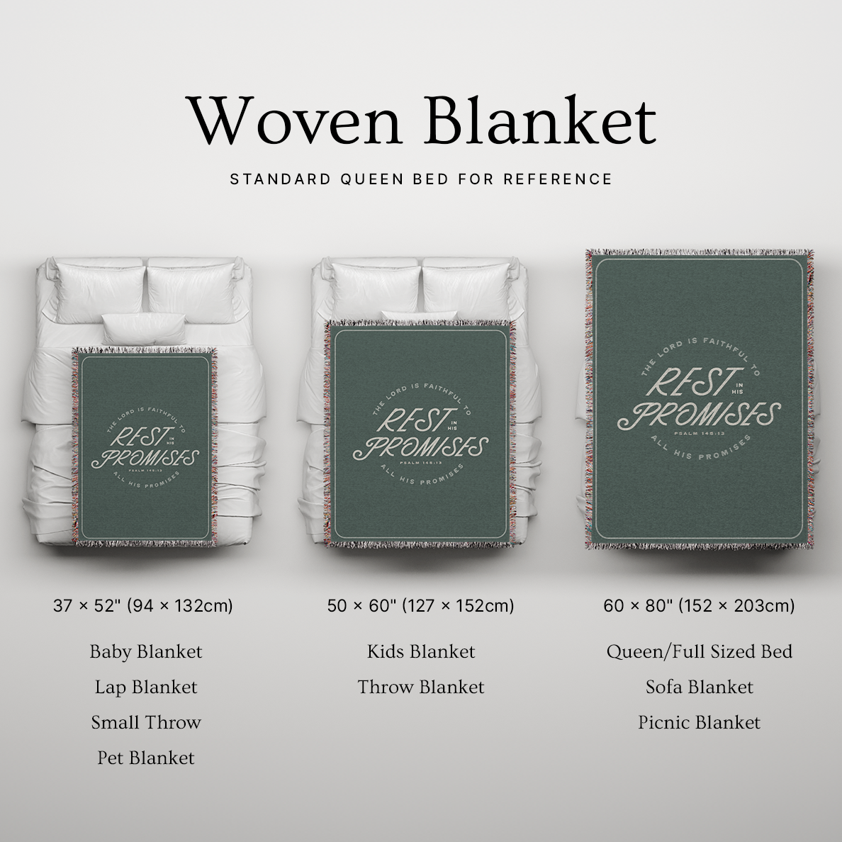 Woven blanket with size chart and 'REST & PROMISES' branding on a light gray background