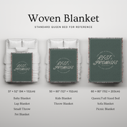 Woven blanket with size chart and 'REST & PROMISES' branding on a light gray background