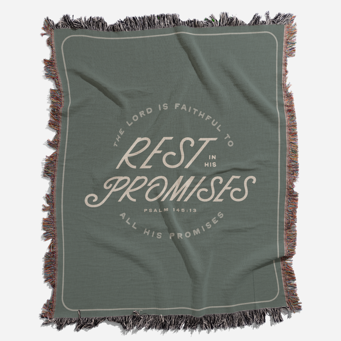 Green blanket with text 'The Lord is faithful to rest in His promises' on a white background