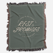 Green blanket with text 'The Lord is faithful to rest in His promises' on a white background