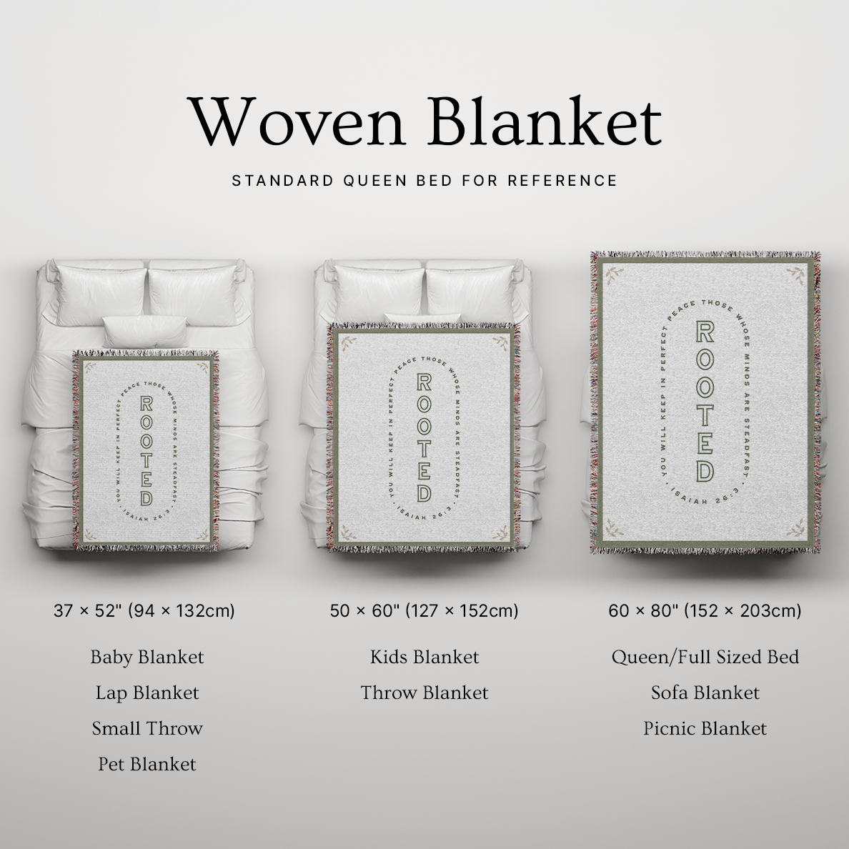 Woven blanket with 'Rooted' branding displayed on a white background with size references.
