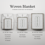 Woven blanket with 'Rooted' branding displayed on a white background with size references.