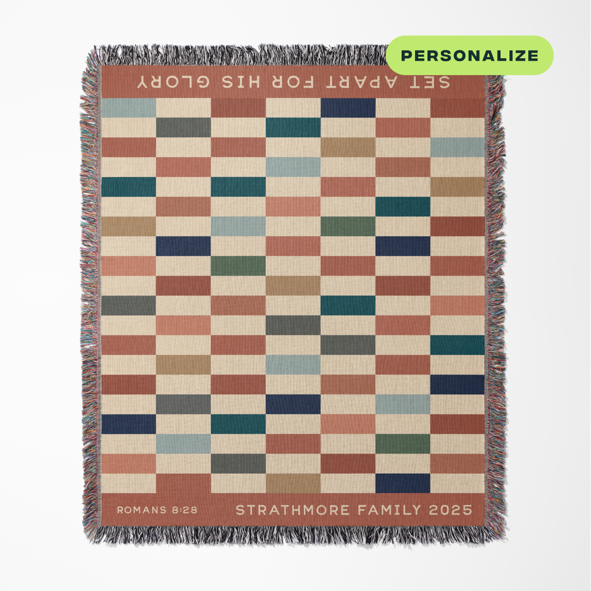 Checkered blanket with personalized text on a white background