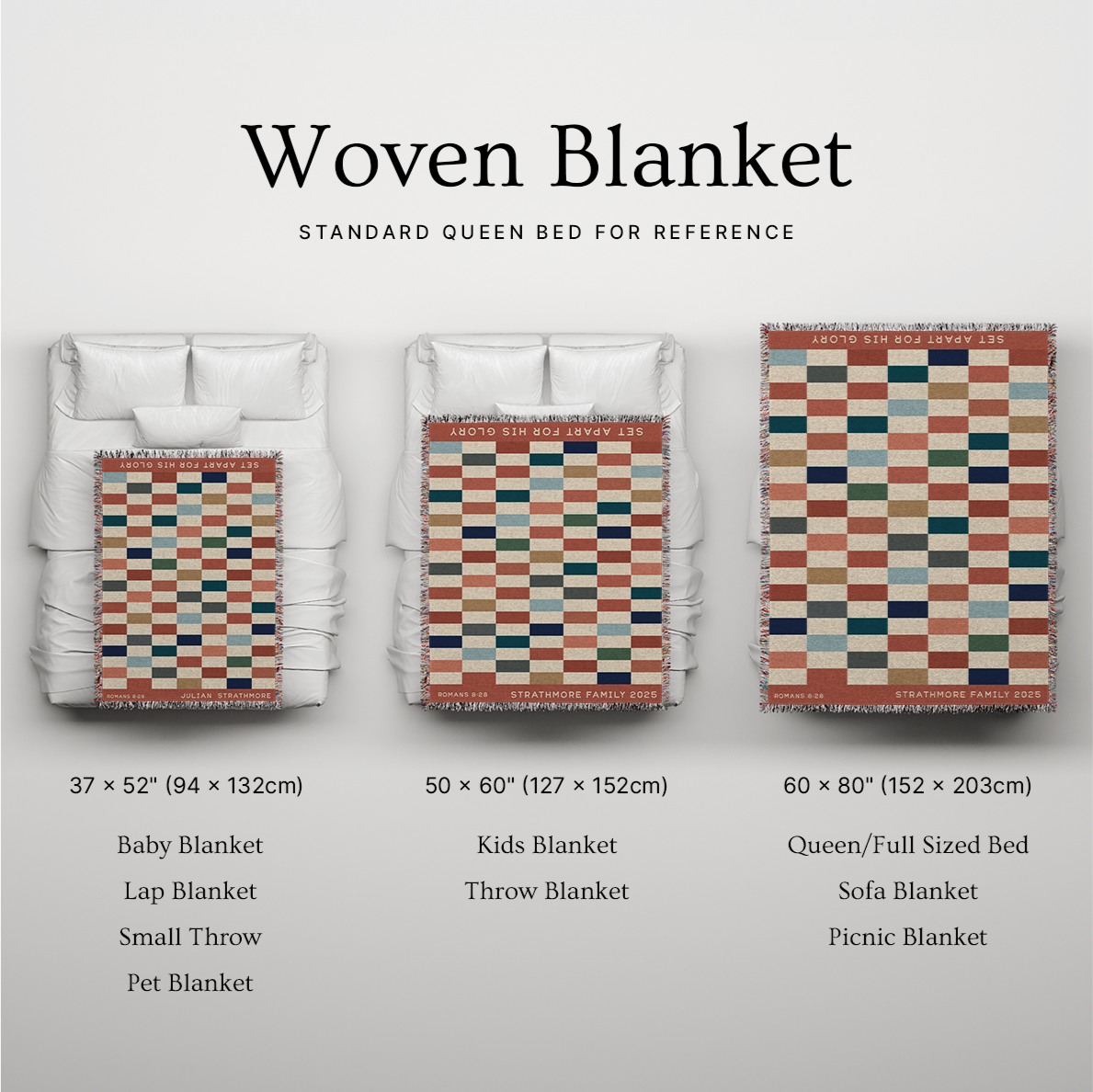 Woven blanket with size chart on a gray background
