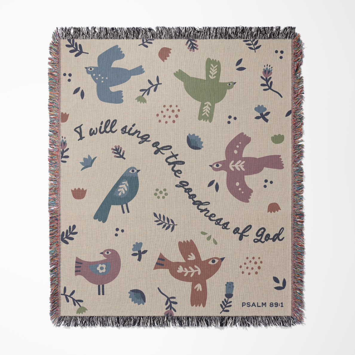Decorative blanket with bird illustrations and text on a beige background
