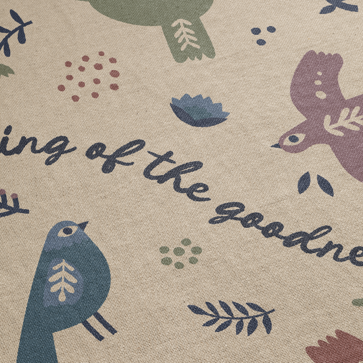 Text 'King of the good' with stylized birds and leaves on a beige background