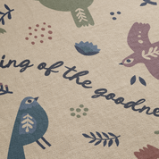 Text 'King of the good' with stylized birds and leaves on a beige background