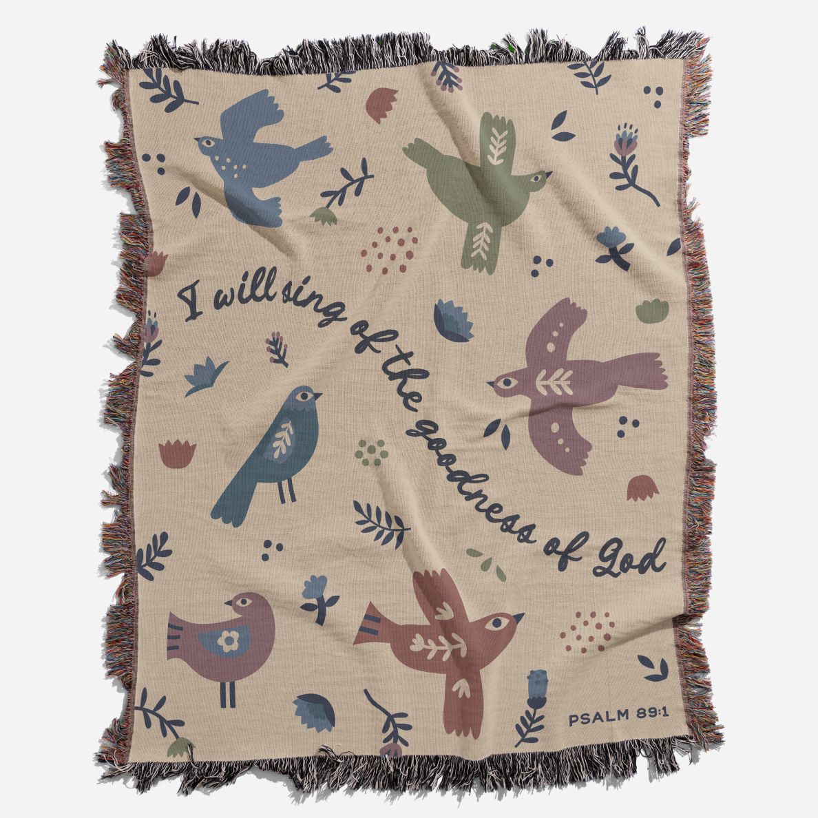 Blanket with bird patterns and text on a beige background
