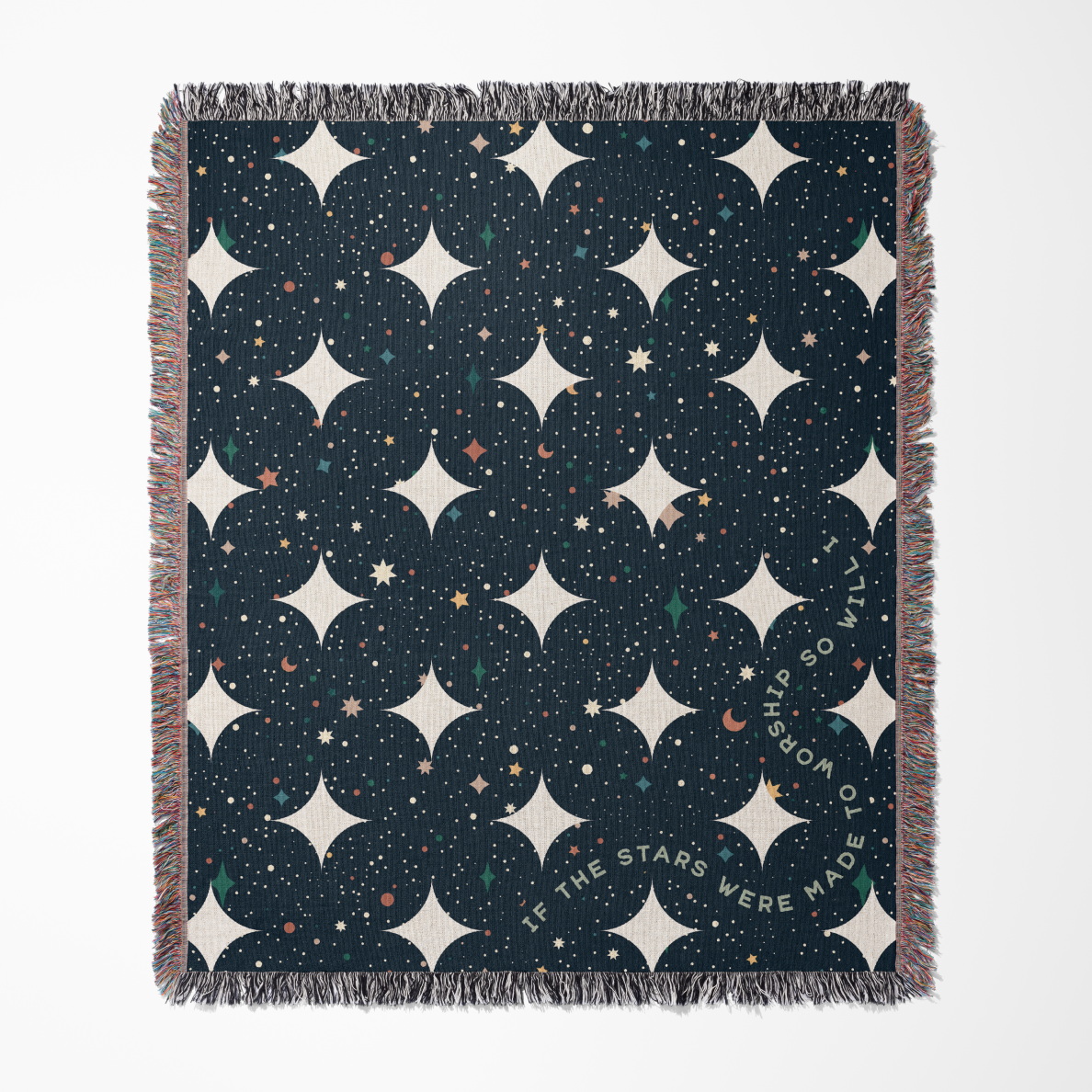 Patterned throw blanket with star design and text on a plain background