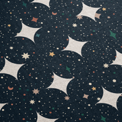 Pattern of stars and celestial shapes on a dark blue background