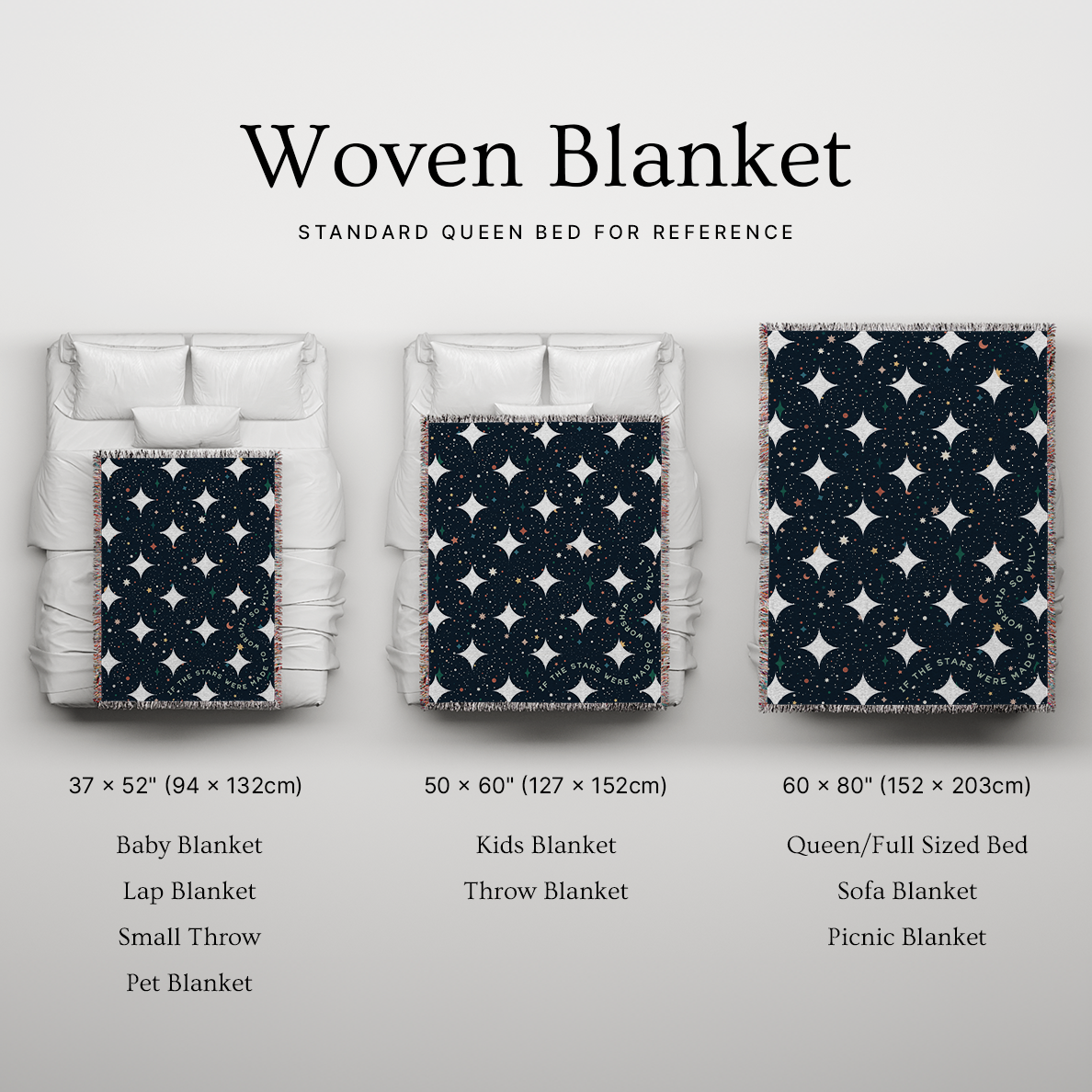 Woven blanket with different sizes displayed on a bed for reference.