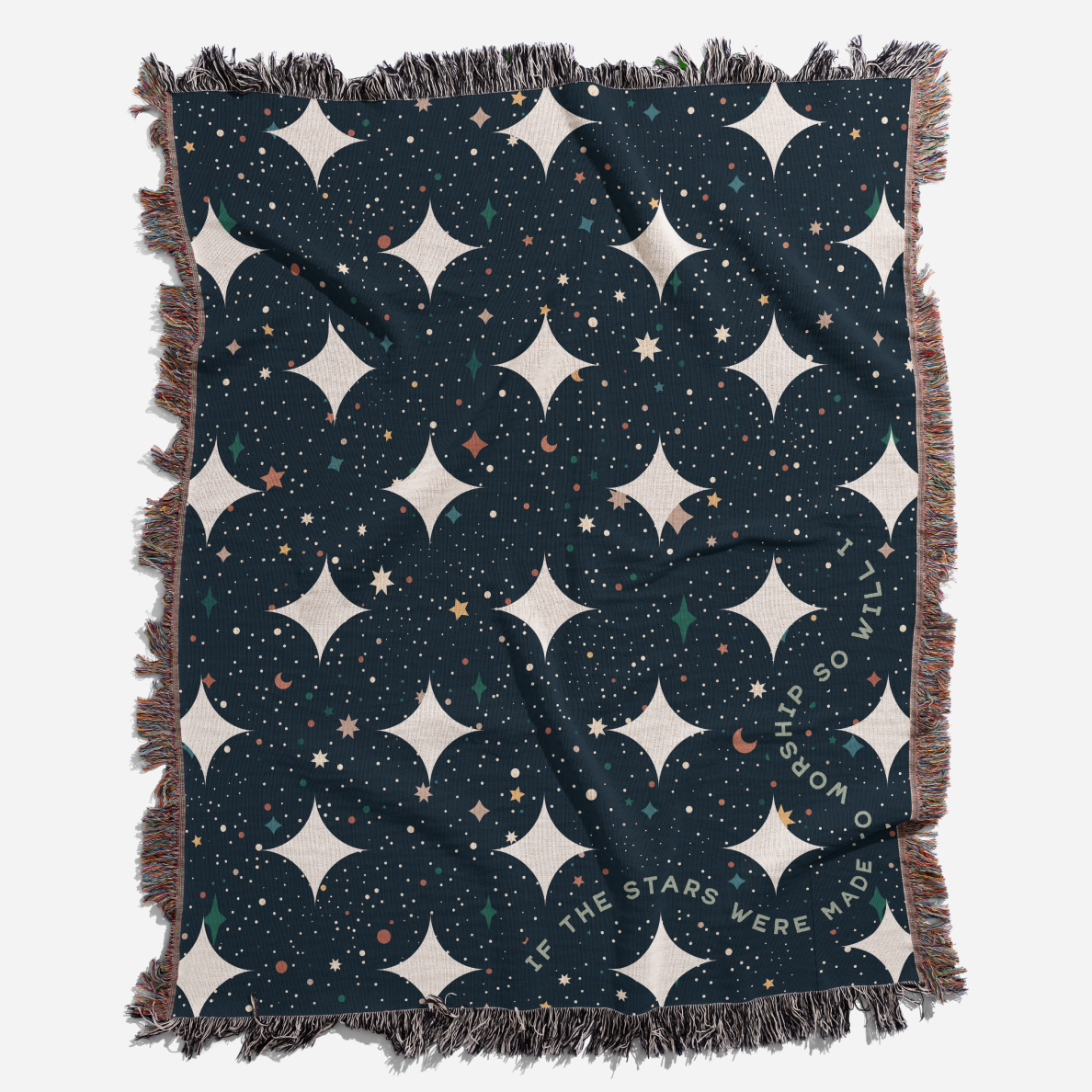 Blanket with celestial pattern and text on a white background