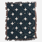 Blanket with celestial pattern and text on a white background