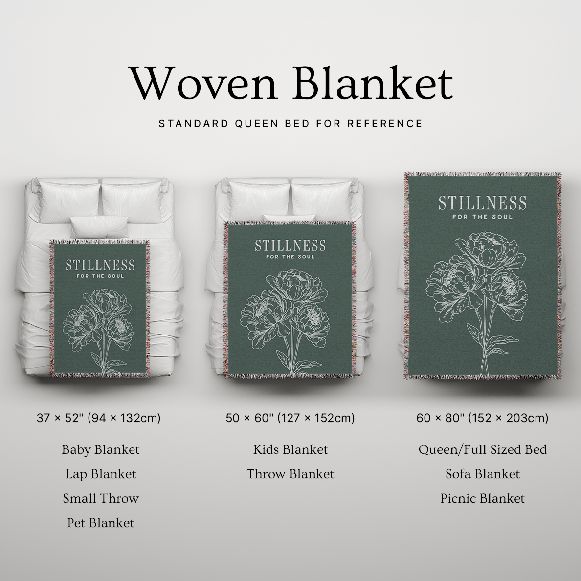 Woven blanket with floral design on a bed, showing different sizes and uses.