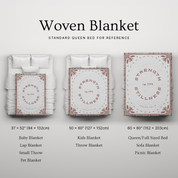 Woven blanket with 'Strength in the Stillness' text and measurements for different sizes on a light gray background.