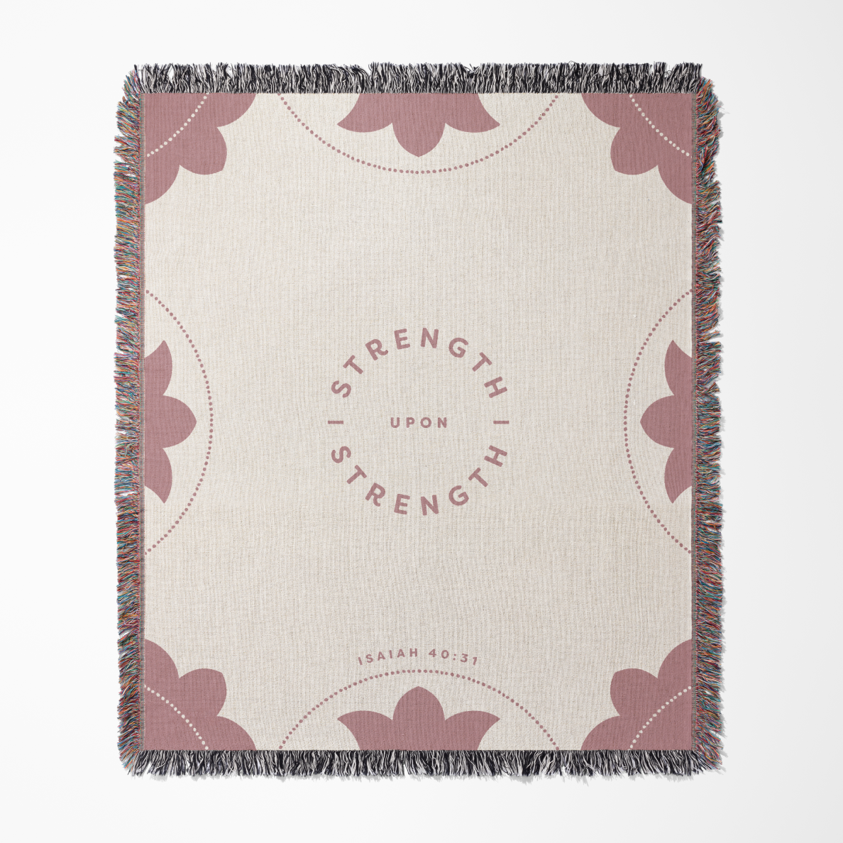 Blanket with floral patterns and 'Strength Upon Strength' text on a white background