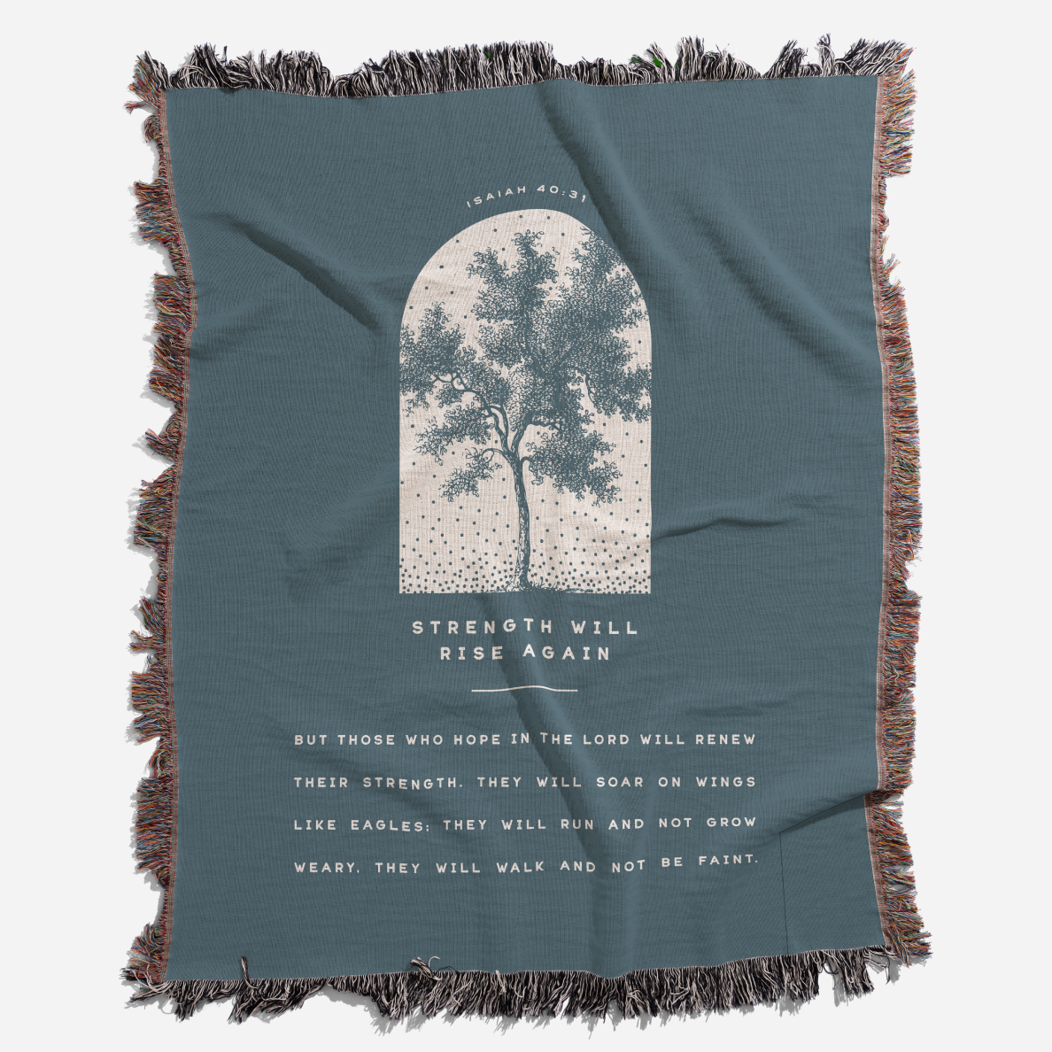 Blue blanket with tree design and text on a white background