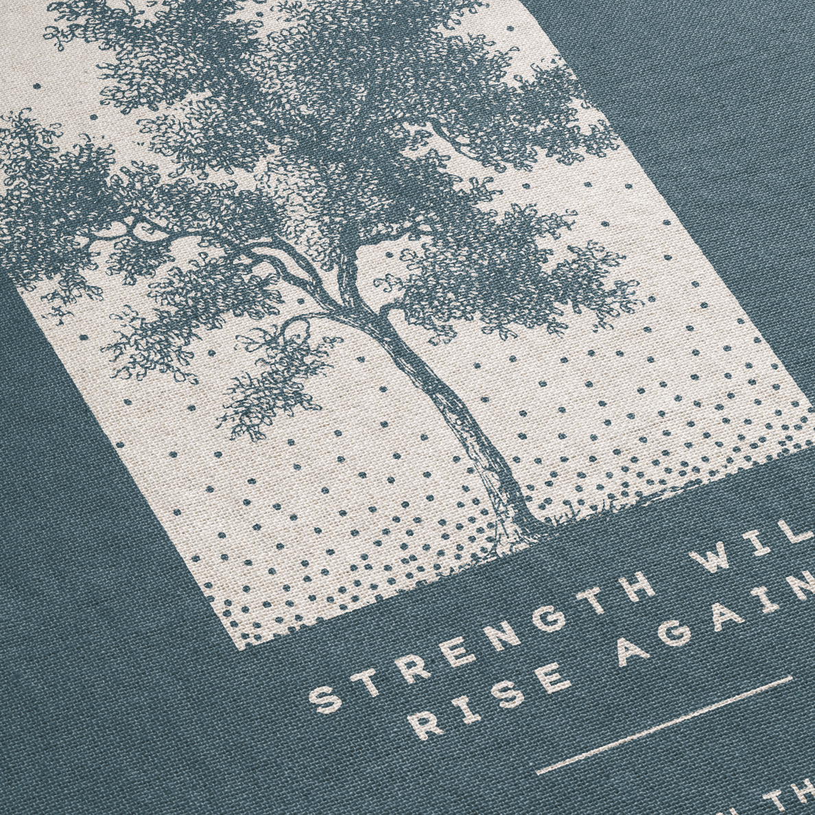 Tree design with 'Strength will rise again' text on a textured background