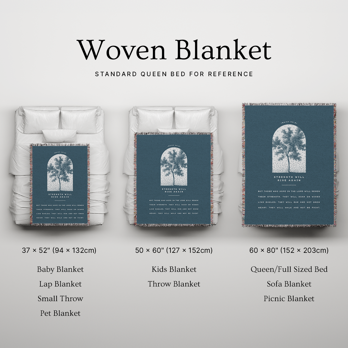 Woven blanket with size chart on a light gray background
